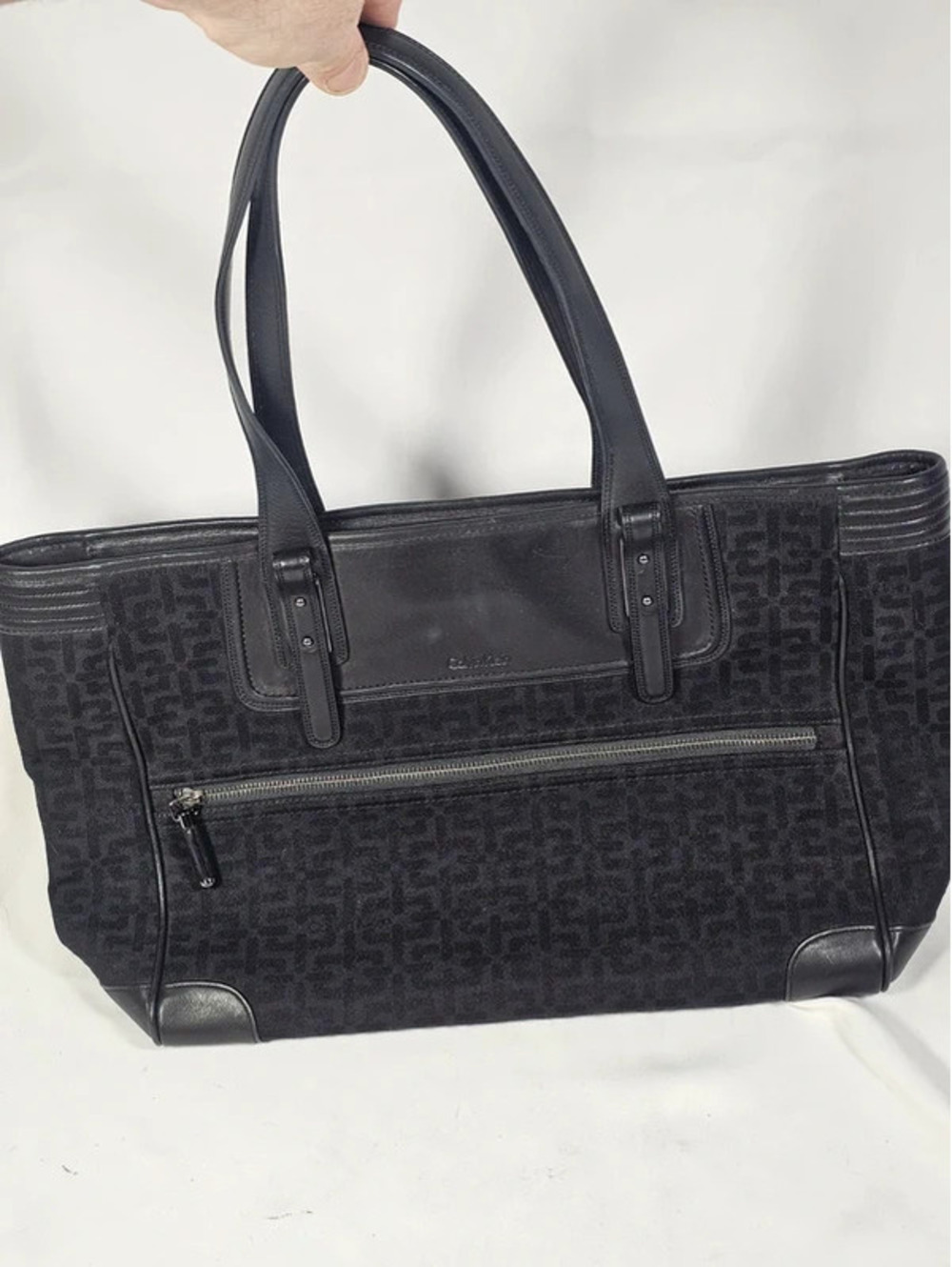 Calvin Klein Black Monogram Canvas & Leather Tote Bag